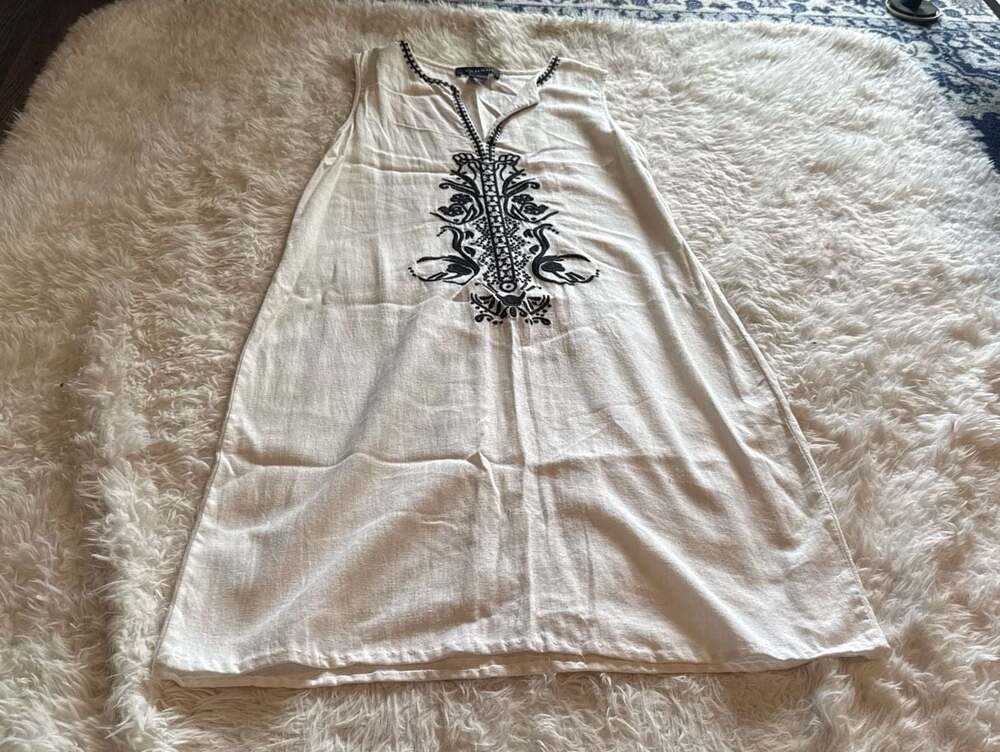 Tahari White Linen Blend Embroidered Boho Sleeveless Tunic Dress Size Small
